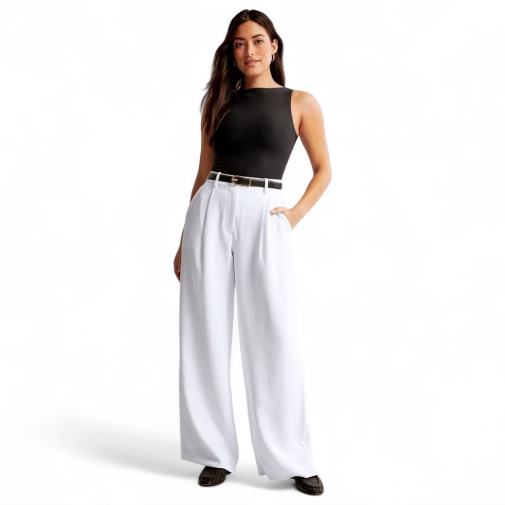 A&F Harper‎ Crepe Ultra Wide Leg High Waist Pleated Pants White Sz 10R NWT